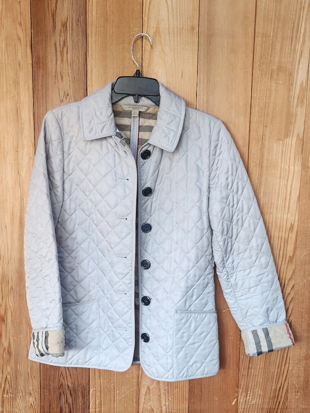 Burberry Brit Diamond Quilted Jacket Light Grey with Nova Check Lining, Size S